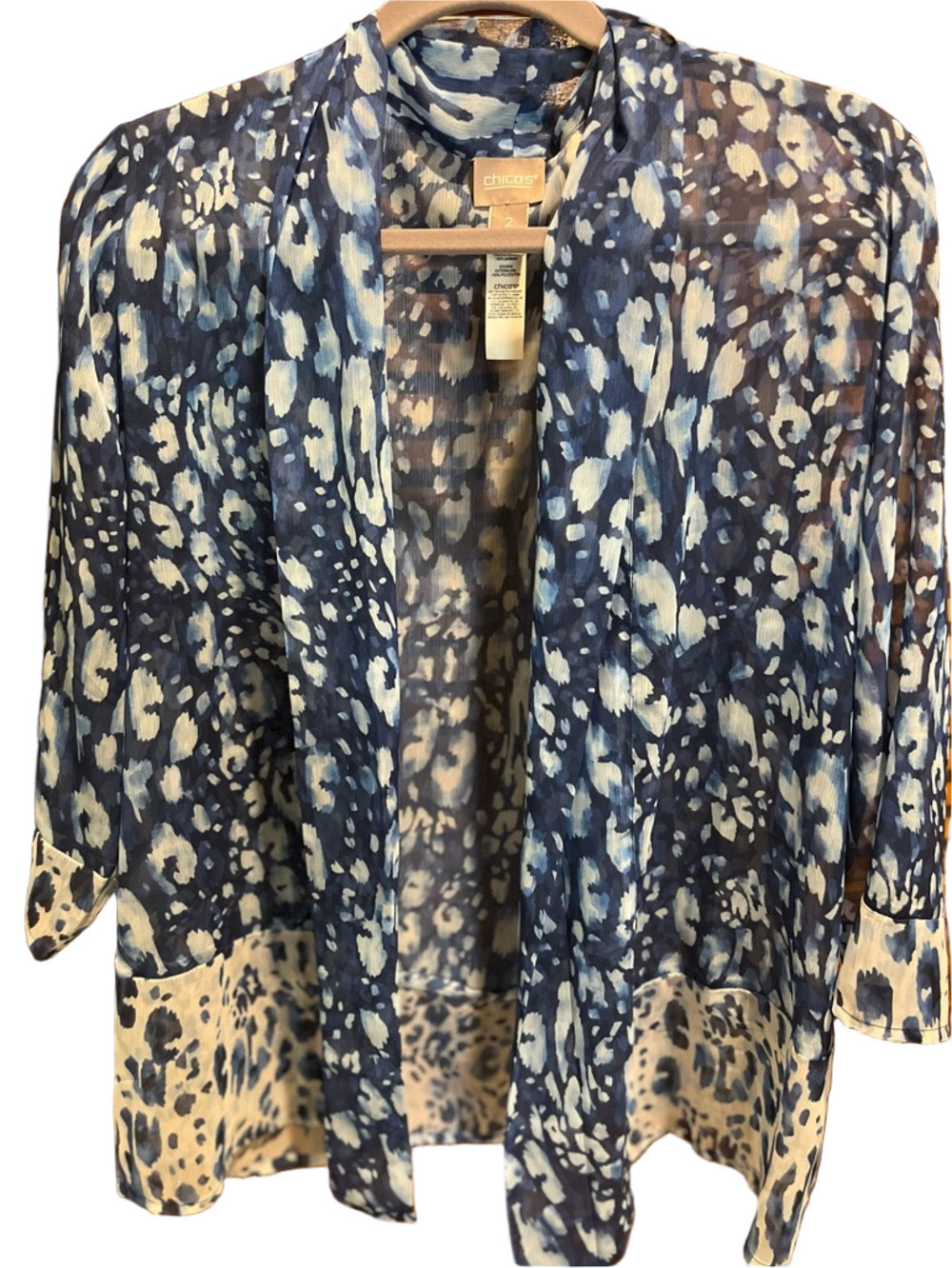 Chico's Blue and Cream Patterned Open Front cardigan size 2/L